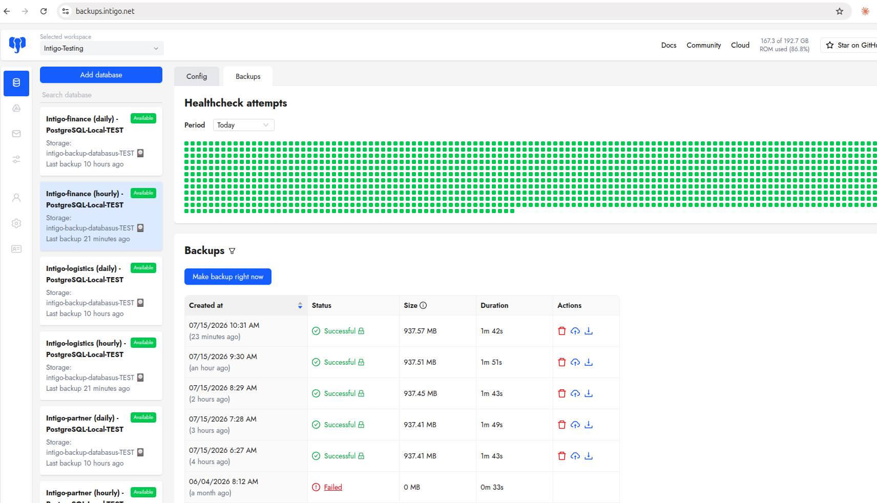 Databasus backup dashboard — self-hosted at backups.intigo.net